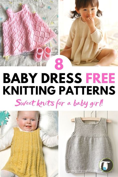 8 Adorable Baby Dress FREE Knitting Patterns: What to Knit for a Baby Girl! Cute Shed, Knit Dress Pattern Free, Baby Knitting Patterns Free Newborn, Baby Dress Pattern Free, Dress Knitting, Girls Knitted Dress, Knit Dress Pattern, Knit Baby Dress