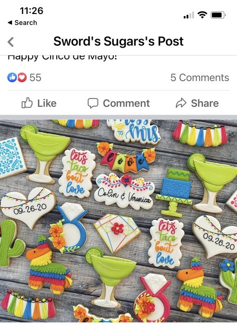 Tacos Rehearsal Dinner, Taco About Love Cookies, Fiesta Theme Bridal Shower Cookies, Taco Bout Love Cookies, Taco Rehearsal Dinner, Mexican Fiesta Cake, Couples Shower Decorations, Mexican Bachelorette, Fiesta Cookies