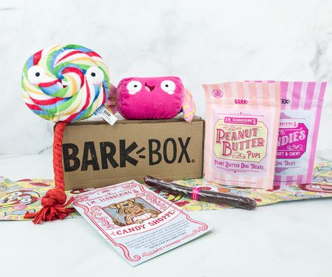 BarkBox is a monthly subscription that delivers treats and toys for dogs. See the February 2019 box review + coupon! The theme is Candy Shoppe!   Barkbox February 2019 Subscription Box Review + Coupon - Large Dog →  https://hellosubscription.com/2019/02/barkbox-february-2019-subscription-box-review-coupon-large-dog/ #BarkBox  #subscriptionbox Doggy Treats, Toys For Dogs, Pet Things, Dog Box, Activity Box, Lollipop Candy, Pet Blog, Boxer Puppy, Puppy Stuff