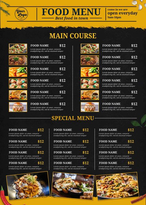 Creative Menu Design, Menus Design, Menu Poster, Yellow Food, Custom Menu, Restaurant Poster, Food Menu Template, Menu Design Template, Menu Food