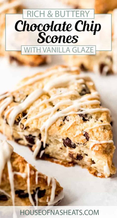 Sweet, but not too sweet, and studded with plenty of chocolate chips, this Chocolate Chip Scones recipe is my a yummy breakfast treat or afternoon pick-me-up snack! Made with pantry staples and ready in just about 30 minutes, be prepared to share the recipe with your friends because everybody will be asking for these buttery Chocolate Chip Scones! #scones #glazed #chocolatechip #chocolate #best #breakfast #brunch #dessert #cream #homemade #sweet #American #homemade #fromscratch Scones Chocolate Chip, Chocolate Chip Scones Recipe, Chocolate Chip Scones, Brunch Dessert, Scones Recipe Easy, Chocolate Scones, Best Chocolate Chip, Scones Recipe, British Baking