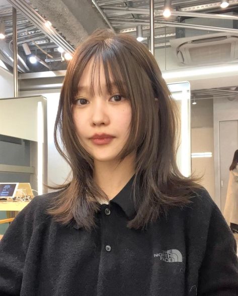 Medium Length Hair Bangs Straight, Straight Layered Hair Medium, Korean Haircut Layers, Hime Cut Medium Hair, Hush Cut Hair Medium Chubby Face, Korean Shoulder Length Hair, Japanese Layered Haircut, Haircut For Thick Straight Hair, Collarbone Length Hair With Bangs