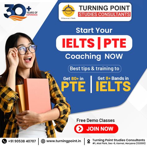 🚀 Kickstart Your Journey to Success! 🚀 🎓 Join Turning Point Studies Consultants and ace your IELTS | PTE exams with top-notch coaching! 🎯 Get expert tips & training to achieve 80+ in PTE and 8+ Bands in IELTS. 📚 Free Demo Classes Available! 👉 Book your spot and begin your journey towards your dream score. 🌟 Over 30 years of experience guiding students to success! 📍 Visit us at: #1, Atal Park, Sec-8, Karnal, Haryana (132001) 📞 Call us: +91 90538 40707 🌐 www.turningpoint.in #IELTS #PTE #Co... Ielts Exam Results, Ielts Score Result, Ielts Pte Poster, Ielts 8.0, Pte Exam, Cambridge Ielts Books Pdf, 30 Years, Coaching, Dreaming Of You