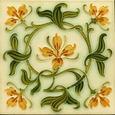 Art Nouveau tile Art Nouveau Mural Painting, Mosaic Tiles Aesthetic, Daisy Art Nouveau, Yellow Ceramic Tile, Art Noveau Tile, Pattern Ceramic Tile, Art Nouveau Ceramics, Yellow And Green Aesthetic, Cute Tiles