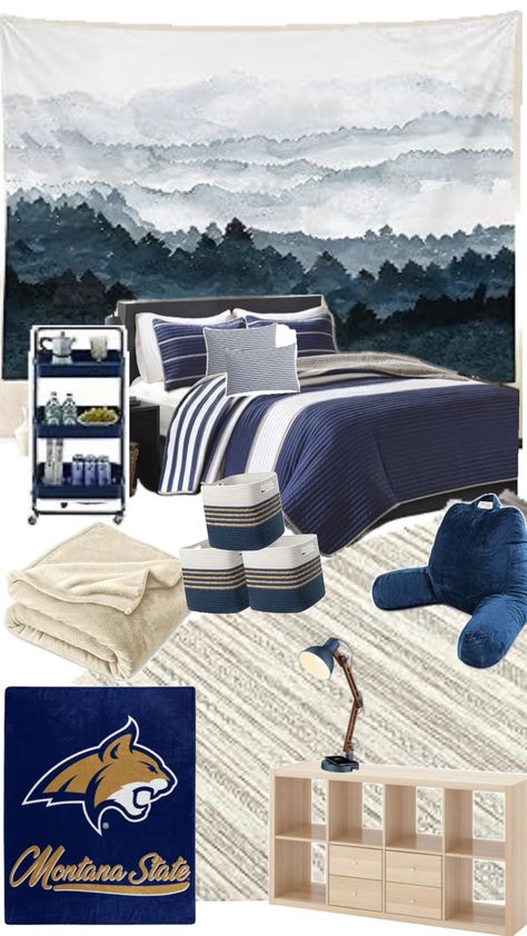 Montana State University Bozeman navy, khaki, and white theme Boy Dorm Room, University Room, University Rooms, Boys Dorm Room, University Dorms, Montana State University, College Aesthetic, Montana State, State University