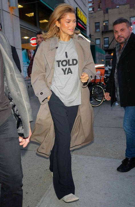 Zendaya Wears ‘I Told Ya’ Top from 'Challengers' with Kennedy Link Street Wear Celebrities, Zendaya I Told Ya, Zendaya 2024 Outfits, Celeb Street Style 2024, Challengers Movie Zendaya Outfits, I Told Ya Shirt, Challengers Outfits, Zendaya Challengers Outfits, Zendaya 2024