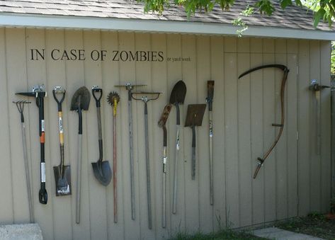 In case of Zombies. Or yard work. - Imgur In Case Of Zombies, Zombie Tools, Storing Garden Tools, Garden Tool Rack, Zombie Attack, Yard Tools, Areas Verdes, Garden Tool Storage, Zombie Survival