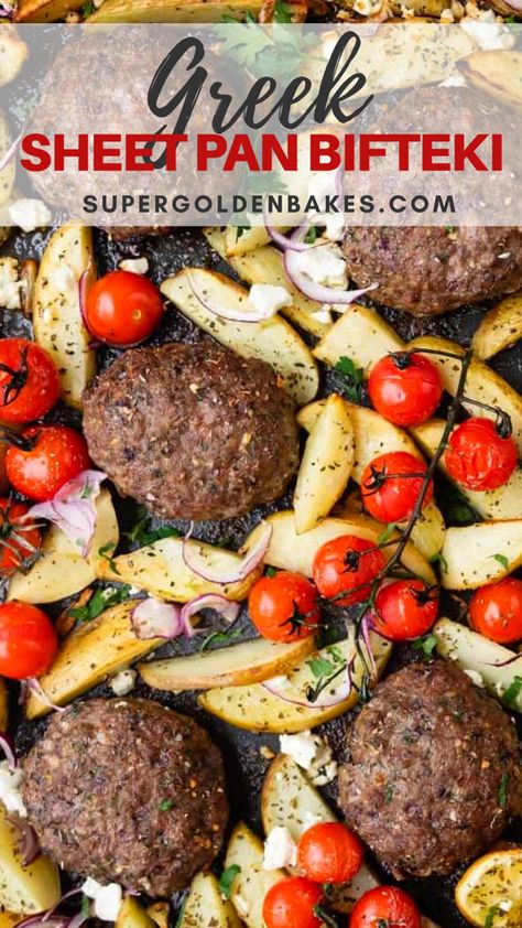 Sheet Pan Dinners Greek, Greek Tray Bake, Garlic Butter Beef Bites And Potatoes, Sheet Pan Chicken Gyros Damn Delicious, Biftekia Greek, Greek Burgers Beef, Greek Beeftekia, Pan Burgers, Greek Burger