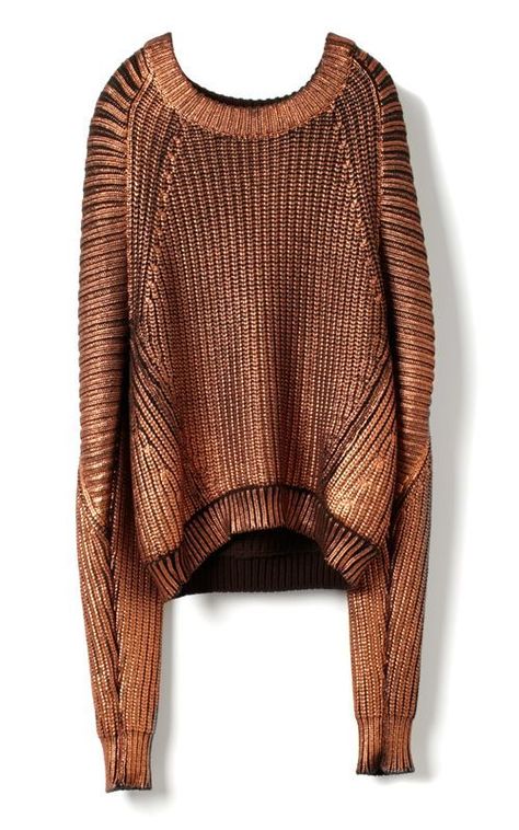 Copper brown pullover knit sweater made from full-fashion construction methods. Consisting of a scoop neckline with long sleeves. Metallic Sweater, Knitwear Fashion, Sweater Pullover, 3.1 Phillip Lim, Printed Sweater, Knitting Inspiration, Phillip Lim, Sweater Weather, Knitting Designs