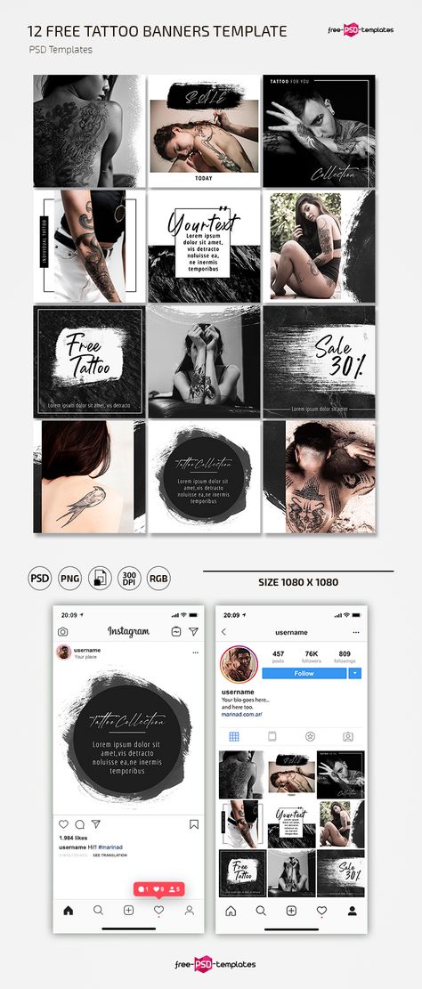 Free Tattoo Instagram Set Template | Free PSD Templates Instagram Tattoo Story Ideas, Tattoo Marketing Ideas, Tattoo Branding Design, Tattoo Artist Instagram Feed, Tattoo Instagram Feed, Tattoo Instagram Story, Tattoo Layout, Branding Tattoo, Template Tattoo