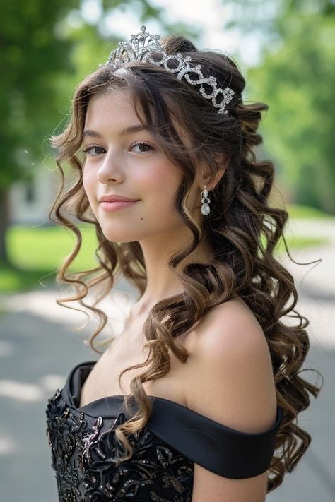 Curled Hair With Tiara, 18th Bday Hairstyles, Curly Hair Tiara Hairstyles, Prom Hair With Tiara, Hairstyle For Crown, Curly Hair With Tiara, Curled Prom Hair Half Up, Hairstyles For Bday, Sweet 16 Hairstyles With Tiara