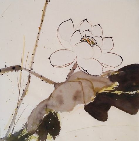 Ink Painting Techniques, Japanese Lotus, Japanese Ink Painting, Japanese Watercolor, Chinese Art Painting, Lotus Art, Coffee Painting, Asian Painting, Japanese Illustration