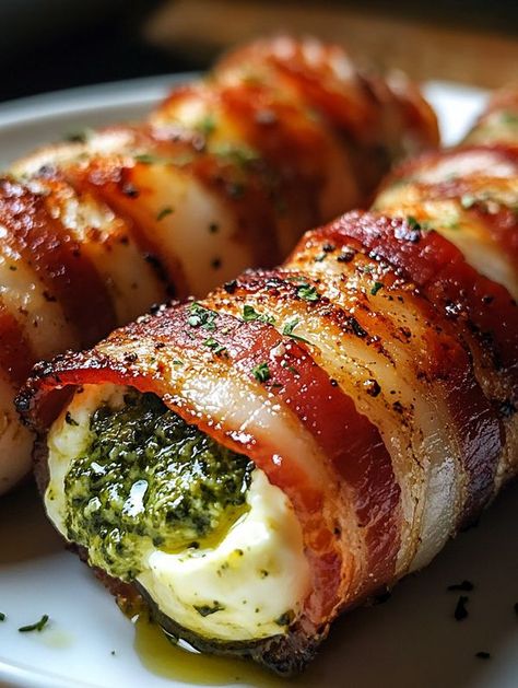 Air Fryer Recipes ! | Bacon-Wrapped Pesto Chicken Rolls 🥓🍗 | Facebook Bacon Wrapped Chicken Recipes, Vegetarian Roast, Bacon Roll, Sauce Pesto, Bbq Chicken Breast, Roasted Red Pepper Soup, Grandma Cooking, Pumpkin Dishes, Clean Eating Lunch And Dinner Recipes