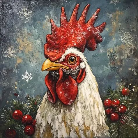 ↑↑↑ Larger size on website 🔸 A white rooster with a bright red comb and wattle stares intently at the viewer. The background is a Rooster Painting Acrylic Easy Tutorial, Christmas Farm Animals Paintings, Christmas Rooster, Farm Animal Painting, White Rooster, Rooster Painting, Textured Paint, Black Rooster, Christmas Farm