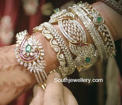 Crystal Wedding Necklace, Bangles And Bracelets, Latest Indian Jewellery, 22 Carat Gold Jewellery, Emerald Jewellery, Diamond Bangles, Diamond Bracelet Design, Exotic Jewelry, Gold Bangle Set