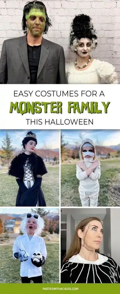 If you can still get your kids to play along try dressing up as a monster family for Halloween. Start with a Frankenstein Couples costume and build from there. Get the details at PartiesWithACause.com Classic Monsters Costumes, Frankenstein Family Costume Ideas, Momster Halloween Costume, Diy Frankenstein Costume Men, Monster Family Costumes, Frankenstein Diy Costume, Classic Monster Costumes, Frankenstein Couple Costume, Halloween Monster Costumes