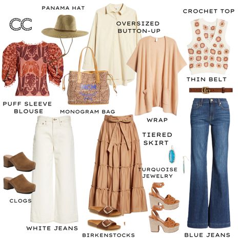 Summer Capsule Wardrobe | 7 Closet Essentials On-Trend Every Woman Can Wear - Closet Choreography Bohemian Capsule Wardrobe Boho Chic, Boho Wardrobe Essentials, 70s Capsule Wardrobe, Boho Capsule Wardrobe 2023, Boho Chic Capsule Wardrobe, Hippie Capsule Wardrobe, Western Capsule Wardrobe, Minimal Boho Fashion, Closet Essentials For Women