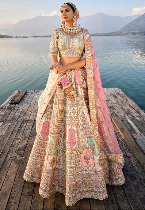 Lehenga Wedding, Lehenga Style, Lehenga Choli Online, Bridal Lehenga Choli, Designer Lehenga Choli, Cream Silk, Wedding Lehenga, Silk Lehenga, Lehenga Designs