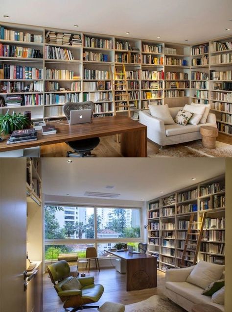 Minimalist Library Room, Small Library And Office Room, Basement Library Office, Home Library Aesthetic Modern, Small Library Aesthetic, Library Seating Ideas, Minimalist Home Library, Library Table Design, Library Workspace