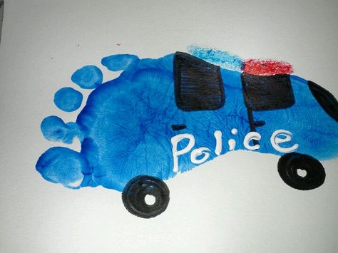 Police car footprint Handprint Police Car, Police Officer Crafts, Community Helpers Art, Community Helpers Preschool Crafts, Police Crafts, Community Helpers Crafts, Fire Theme, Nursery Classroom, Classroom Boards