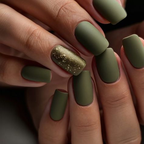 1 Rust And Green Nails, Fall Nail Designs Olive Green, Fall Season Nails Green, Matte Olive Nails, November Matte Nails, Green November Nails, November Nails Matte, Fall Nails With Green, Sage Green Ombre Nails