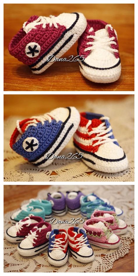 Converse Baby Sneakers Free Crochet Patterns + Video - DIY Magazine Crochet Baby Shoes Free Pattern, Baby Shoes Diy Pattern, Crochet Converse, Converse Baby, Knit Baby Shoes, Baby Shoes Diy, Crochet Baby Booties Pattern, Crochet Baby Boots, Crochet Shoes Pattern