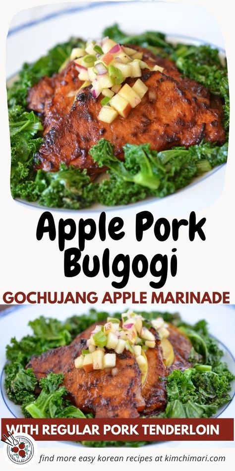 Gochujang Apple Pork Bulgogi with apple salsa is a simple and yummy Korean fusion dish. Use regular pork tenderloin and kale as a side. #porkrecipes #gochujang #apple #bulgogi #kimchimari Korean Pork Bulgogi, Pork Bulgogi, Asian Pork Recipes, Apple Salsa, Easy Korean Recipes, Korean Pork, Apple Pork, Fusion Dishes, Asian Pork