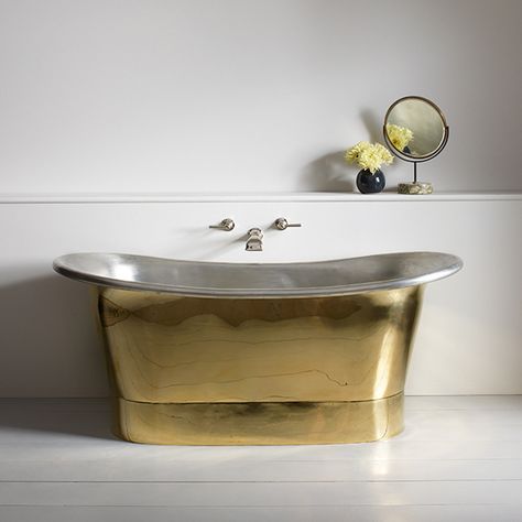 The Water Monopoly - Martha Bath - Tinned Interior & Brass Exterior | The English Tapware Company Tin Bathtub, Water Monopoly, Brass Bathtub, Tin Interior, Pedestal Tub, Copper Interior, Copper Tub, Shower Basin, Double Ended Bath