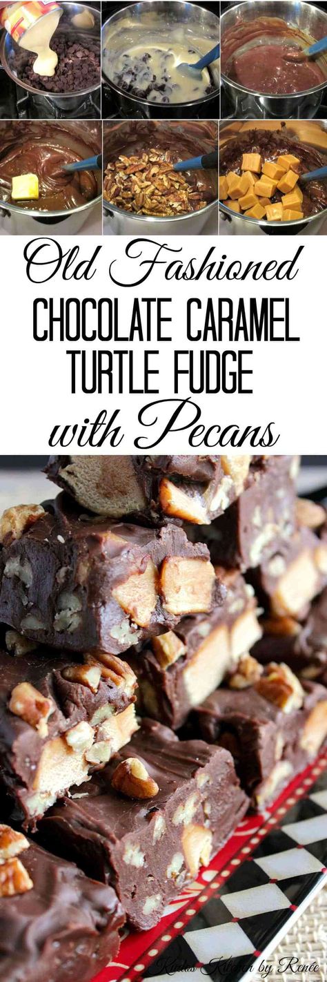 Old Fashioned Chocolate Caramel Turtle Fudge is a real winner in my book. It's fudgy, chewy, and requires only 15 minutes to make. - Kudos Kitchen by Renee - www.kudoskitchenbyrenee.com Turtle Fudge Recipe, Turtle Fudge, Fudge Candy, Pecan Turtles, Fudge Bars, Bake Goods, Baking Cocoa, Candy Cakes, Caramel Pecan