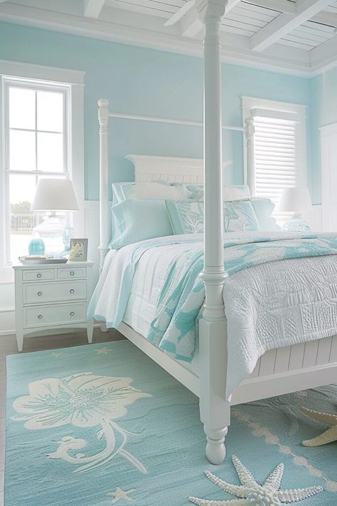 Santorini Bedroom, Coastal Beach Bedroom, Aqua Bedroom, Coastal Bedroom Design, Beach Bedrooms, Coastal Cottage Bedroom, Light Blue Bedding, Costal Bedroom, White Bedrooms