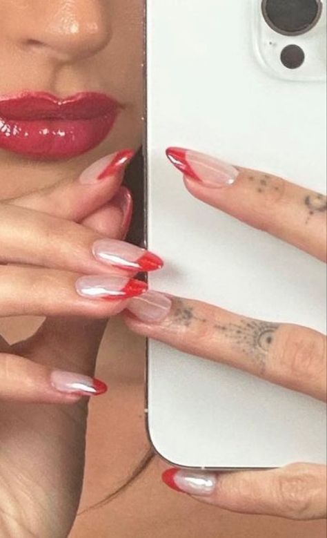 Red Tip With Chrome, Red French Glazed Nails, French Tip Red Chrome, Red French Pearl Nails, Red French With Pearls, Red Tip Chrome Nails, Red French Tip Chrome Nails, Pearl Red Nails, Hearts French Tip Nails