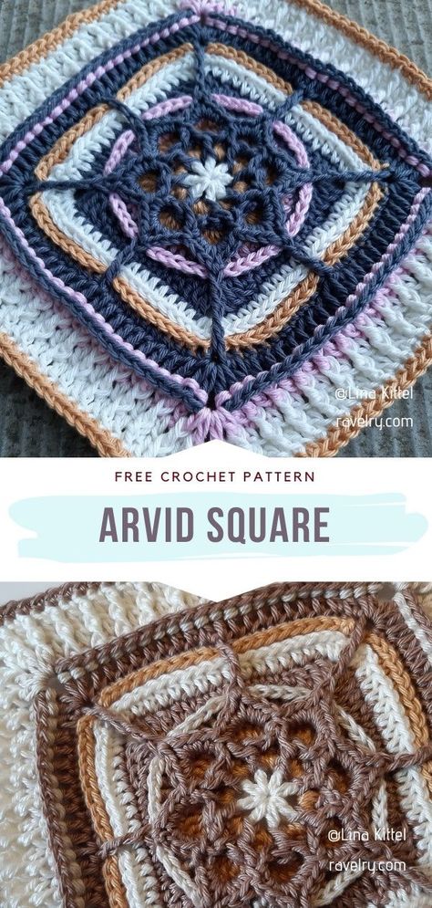 Arvid Square Free Crochet Pattern One more beautiful square for your collection! #CrochetSquare #freecrochetpattern Crochet Afghan Squares, Crochet Blanket Stitches, Free Crochet Square, Granny Square Patterns, Pastel Crochet, Afghan Squares, Crochet Squares Afghan, Crochet Throw Pattern, Crochet Square Blanket