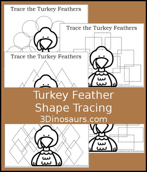 Free Turkey Feather Shape Tracing - 5 shapes for kids to learn with this easy no-prep printable - 3Dinosaurs.com #no-prep #shapes #freeprintables #kindergarten #prek Turkey Letters Preschool, Thanksgiving Name Craft Preschool, Thanksgiving Tracing Preschool, Preschool Thanksgiving Activities, Shape Turkey, Turkey Theme, Shape Tracing, Thanksgiving Activities Preschool, Preschool Thanksgiving