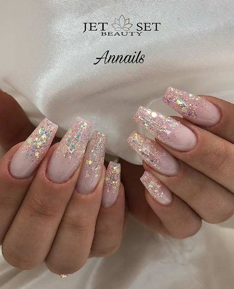 Nail Design Glitter, Coffin Nails Ombre, Milky Pink, Milky Nails, Gold Glitter Nails, Ombre Nails Glitter, Purple Nail, Blue Nail, Coffin Nails Long