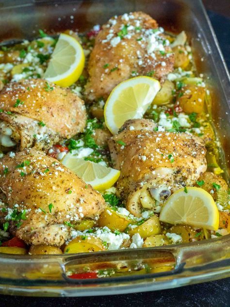 One-Pan Mediterranean Chicken?utm_source=12tomatoes One Pan Mediterranean Chicken, Mediterranean Chicken Dishes, One Pan Dinners Chicken, Mediterranean Chicken Recipes, Baking Chicken, Delicious Chicken Dinners, Winter Meals, One Pan Chicken, Mediterranean Chicken