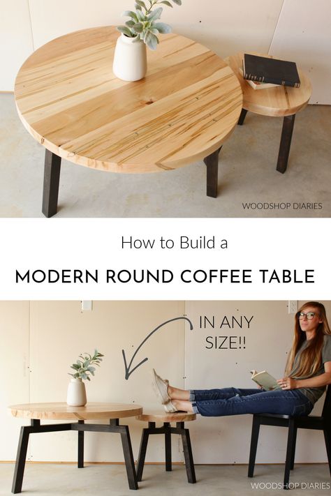 Round Wood Coffee Table Diy, How To Make Round Table, Modern Outdoor Coffee Table, Diy Coffee Table Round, Diy Modern Coffee Table, Diy Round Table, Diy Round Coffee Table, Diy Coffee Tables Ideas, Dinning Table Diy