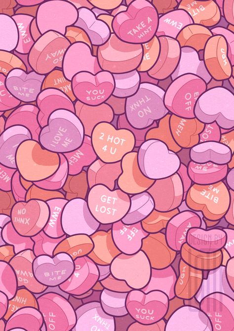 Valentine Wallpapers, Day Wallpaper Aesthetic, Candy Background, Candy Drawing, Sweetheart Candy, Valentines Wallpaper Iphone, Pink Drawing, Valentine Candy Hearts, Candy Poster