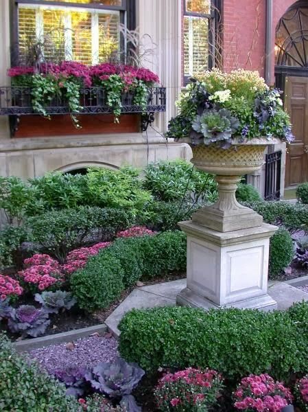 Beautiful garden with boxwoods, kale, mums, gravel walkway, and urn Amazing Windows, Boxes Design, Flower Containers, Garden Urns, Fall Planters, Formal Garden, Garden Containers, Formal Gardens, Gorgeous Gardens