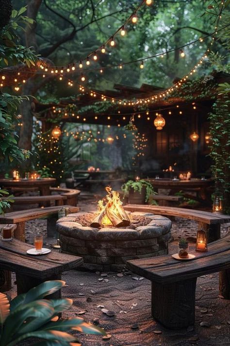 Backyard Fantasy Ideas, Dream Outdoor Space, Outdoor Fire Pit Patio Ideas, Pool With Lights, Enchanted Backyard, Backyard Porch Ideas, Backyard Living Spaces, Cozy Backyard Ideas, Garden Ideas For Small Yards