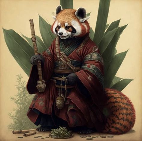 Red Panda Samurai, Monk Dnd, Panda Illustration, Indigo Children, Fantasy Races, Red Panda, Animal Games, Fantasy Costumes, Animal Totems