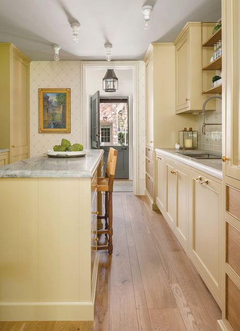 Resplendent Redux - Utah Style and Design Butter Yellow Kitchen, Gray Marble Countertops, Establish Design, Marble Top Kitchen Island, Grey Marble Kitchen, Wood Kitchen Counters, Yellow Kitchen Cabinets, Blue Kitchen Island, Kitchen Island Tops