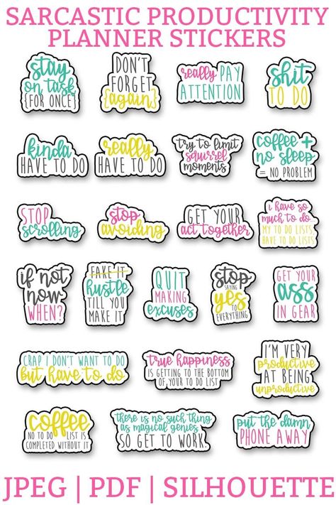 Free Sarcastic productivity planner stickers. Download this set of funny, sarcastic stickers, to help you complete your to do list. Perfect for the Happy Planner, Erin Condren, Reflections, etc. #planneraddict #plannerlover #plannerprintables Motivational Stickers Free Printable, Sarcastic Motivation, Planner Sticker Ideas, Planner Quotes Funny, Printable Stickers For Journal, Sarcastic Stickers, Stickers School, Diy Organizer, To Do Planner