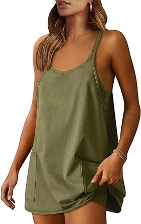 Caracilia Womens Summer Mini Dress 2024 Casual Sleeveless Built in Shapewear Sundress Trendy Short Tennis Athletic Outfits Athletic Onesie, Dress With Shorts, Short Sundress, Tank Top And Shorts, Top And Shorts Set, Golf Dresses, Jumpsuit Elegant, Casual Rompers, Shorts Summer