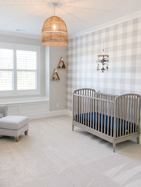 Grey Gingham Wallpaper, Stuffed Animal Wall, Buffalo Check Wallpaper, Buffalo Plaid Nursery, Nursery Wallpaper Boy, Plaid Nursery, Nursery Accent Wall, Baby Boy Bedroom, Wood Nursery