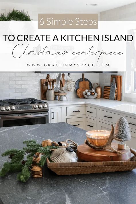 Learn 6 simple steps for creating a kitchen island Christmas centerpiece that is festive and beautiful, but also removable for convenience! #fromhousetohaven #kitchenisland #christmasdecorating #decor #christmasdecor #christmaskitchen #kitchendecorideas #kitchendecor #holidaydecorating Vintage Kitchen Island Decor, How To Decorate A Large Kitchen Island, Kitchen Island Christmas Centerpiece, Kitchen Island Christmas Decor Ideas, Christmas Island Decor, Kitchen Island Christmas, Island Centerpiece Ideas, Grace In My Space, Kitchen Island Styling