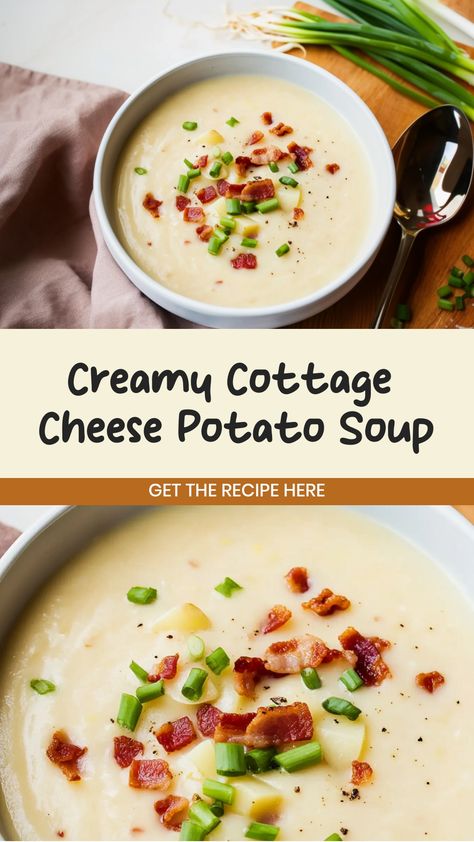 Indulge in a cozy bowl of comfort with this creamy and flavorful cottage cheese potato soup recipe. Made with simple ingredients, this hearty soup is perfect for a chilly day or when you want something satisfying and delicious. With a velvety texture and rich taste, this soup is sure to become a family favorite. Whether you enjoy it as a starter or main course, the combination of tender potatoes and smooth cottage cheese creates a comforting dish that will warm you from the inside out.  Ingredie Cheese Based Soups, Cottage Cheese Potato Soup, Protein Potato Soup, Cottage Cheese Blender Recipes, Cottage Cheese In Soup, Cottage Cheese Soup Recipes, Dinner With Cottage Cheese, Cottage Cheese Tomato Soup, Things To Do With Cottage Cheese