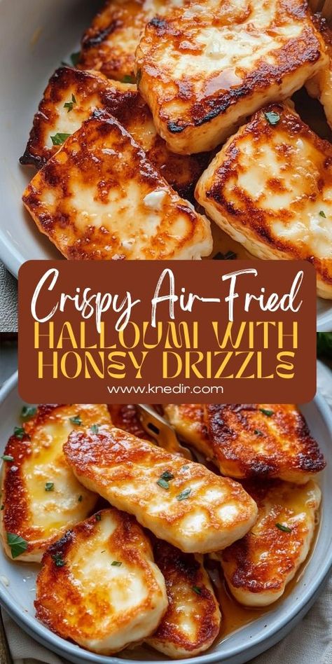 Crispy Air-Fried Halloumi with Honey Drizzle Ingredients: 1 (8 oz) block halloumi cheese Olive oil spray or 1 teaspoon olive oil #Crispy #Halloumi #HoneyDrizzle Air Fryer Halloumi, Honey Drizzle, Fried Halloumi, Halloumi Cheese, Olive Oil Spray, Delicious Dinner Recipes, Wholesome Food, The Mediterranean, Quick Dinner