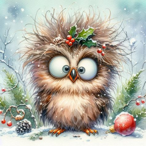 Christmas Owl Wallpaper, Christmas Woodland Animals, Christmas Card Images, Christmas Woodland, Christmas Paintings On Canvas, Christmas Card Art, Christmas Owls, Cute Animals Images, Diamond Mosaic