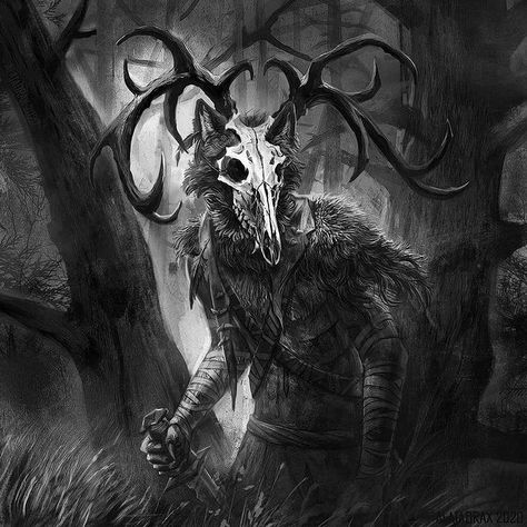 Backlighting helps separate the wendigo from the forest behind it, light giving depth to the antlers and fur. ​ ​🎨 “Guardian of the wood”… Deviantart, Black And White, White, Black, Art