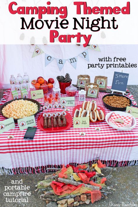 Camping Birthday Party Games For Teens, Camping Movie Night Birthday Party, Backyard Camping Birthday Party, Kids Camping Party, Campout Birthday Party, Campfire Birthday Party, Indoor Camping Party, Backyard Campout, Campfire Party